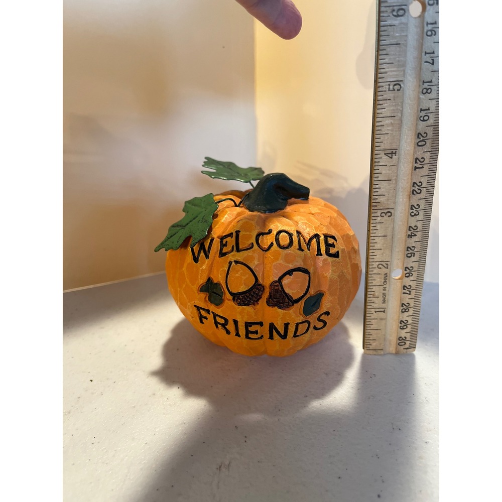 Rustic Welcome Friends Pumpkin Figurine Harvest Fall Thanksgiving Decor 4.5"